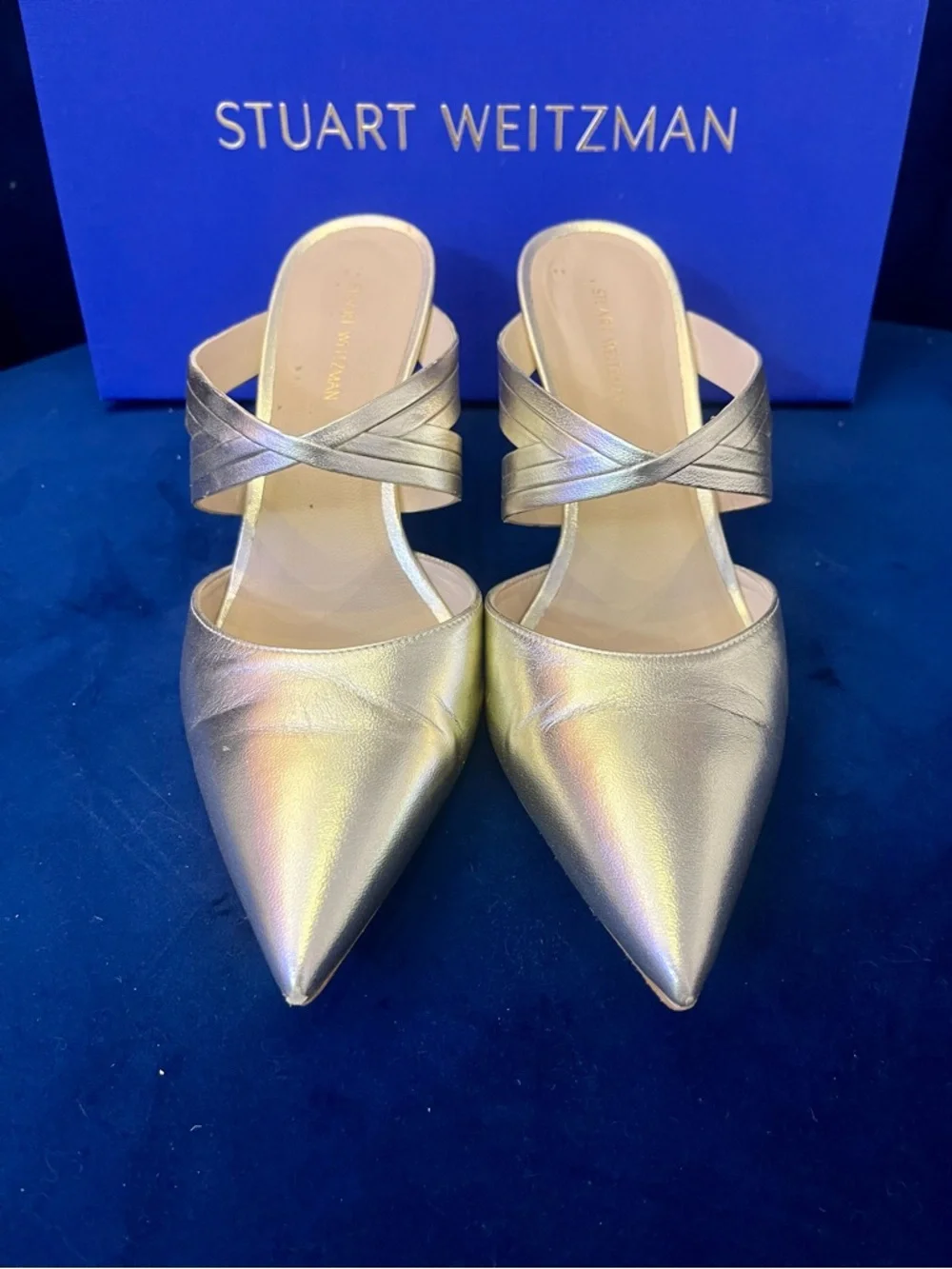 Stuart Weitzman Gold Iridescent Pointed-Toe Strappy Mule Stilettos - Picture 8 of 9